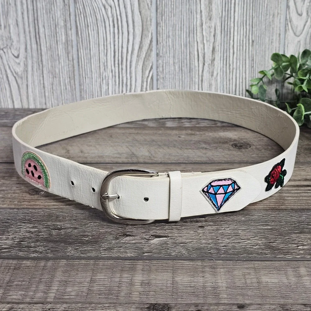 Y2K Coquette Novelty Patch White Belt Unicorn‎ Rainbow Indie Kitsch Women's S/M
